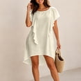thumbnail image 2 of Women's Round Neck Ruffle Short Sleeve Mini Dress, Solid Loose Irregular High Low Hem Casual Swing Short Dress Beige M(M), 2 of 5