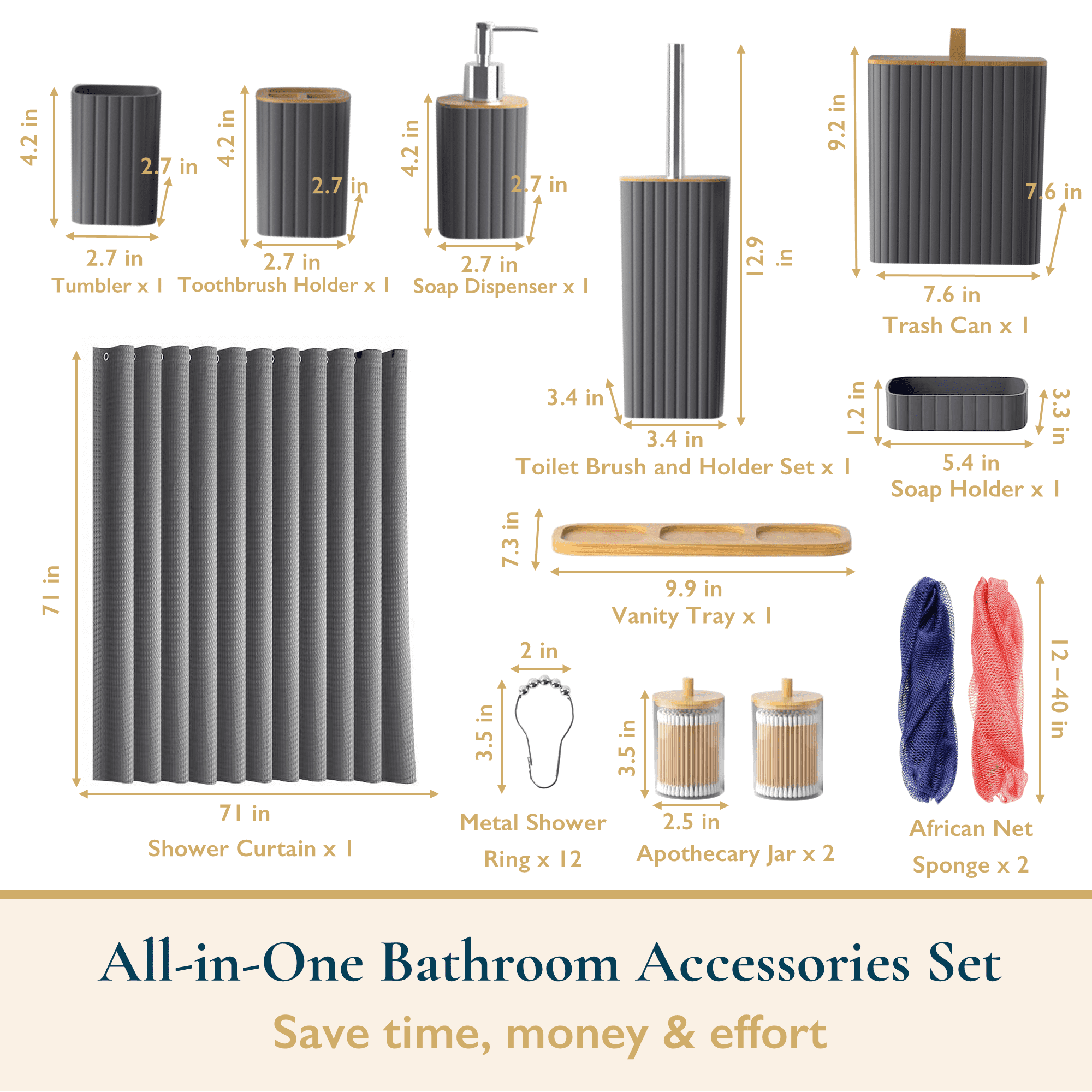 ComfiTime 24PCS Bathroom Accessories Set - Bathroom Essentials W/ Shower Curtain, Trash Can, Toilet Brush, Tumbler, Toothbrush Holder, Soap Dispenser, Soap Holder, Qtip Holders & African Net Sponges