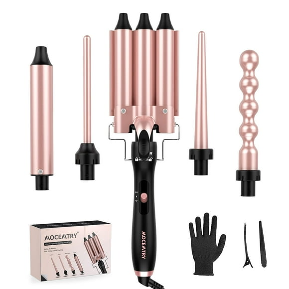 MOCEMTRY 5 in 1 Curling Wand Set with 3 Barrel Hair Crimper for Womenï¼Fast Heating Hair Wand Curler with Two Temp Control. (C528)