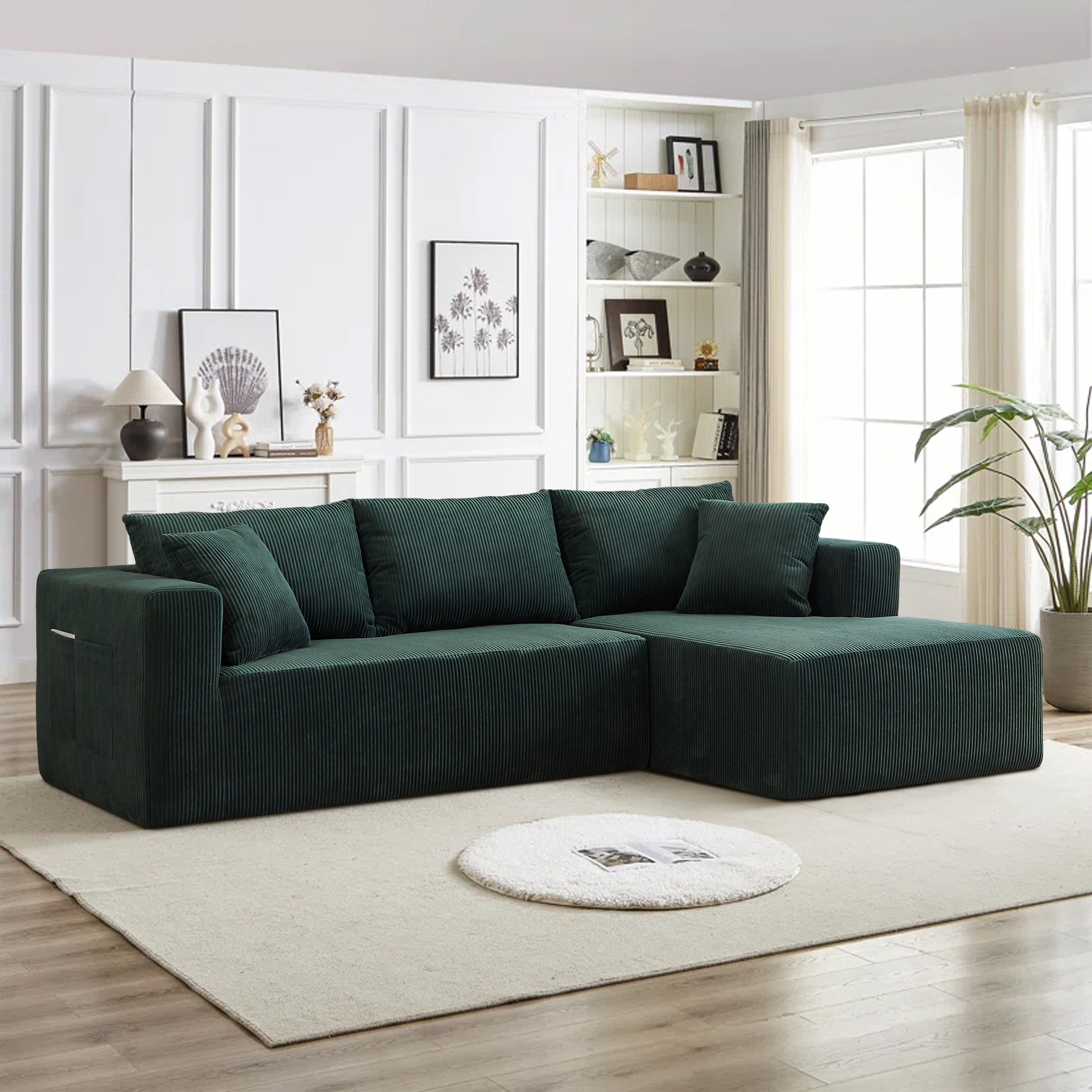 AENKYO 104'' Modular L-Shape Sectional Sofa with Chaise, Comfy Deep-Seat Cloud-Couch, Corduroy - Green