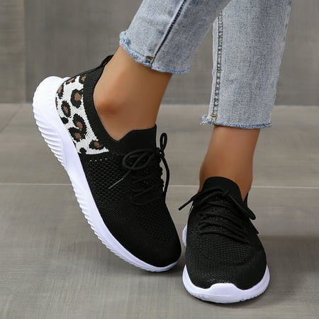 

Women‘s Casual Sneakers Breathable Flying Woven Running Shoes Leopard Panel Lace-up Sports Shoes