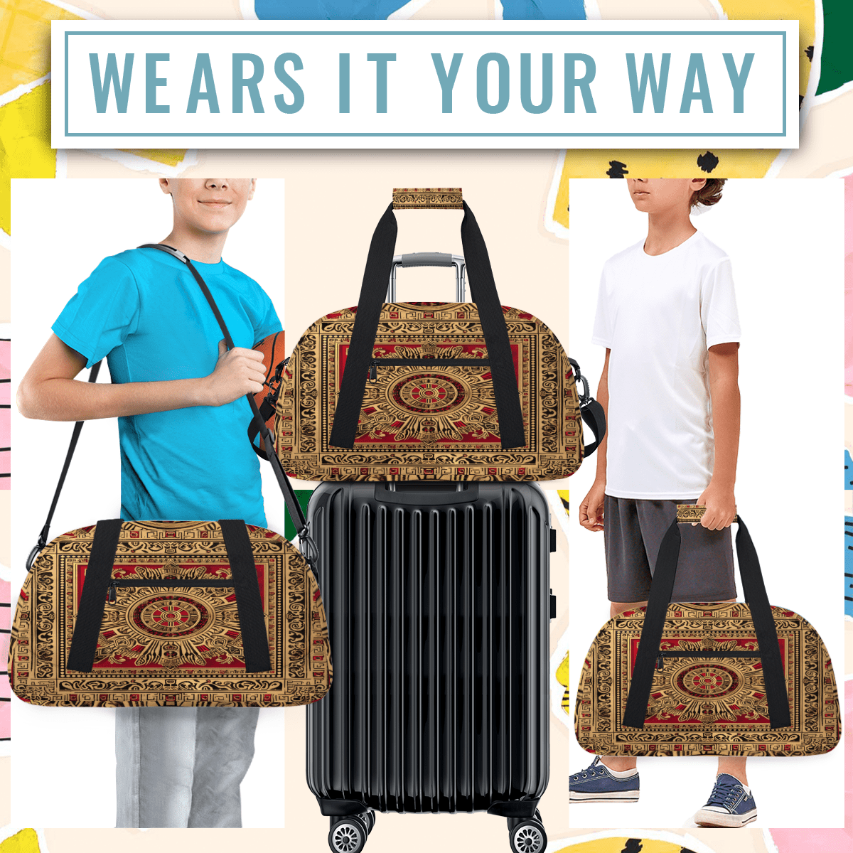 Herdesigns Sports Duffle Bags Travel Duffle Bag Gym Bag Colorful Boho Vintage Weekender Travel Bag Waterproof Overnight Bag Carry On Travel Tote Bag Dance Bags
