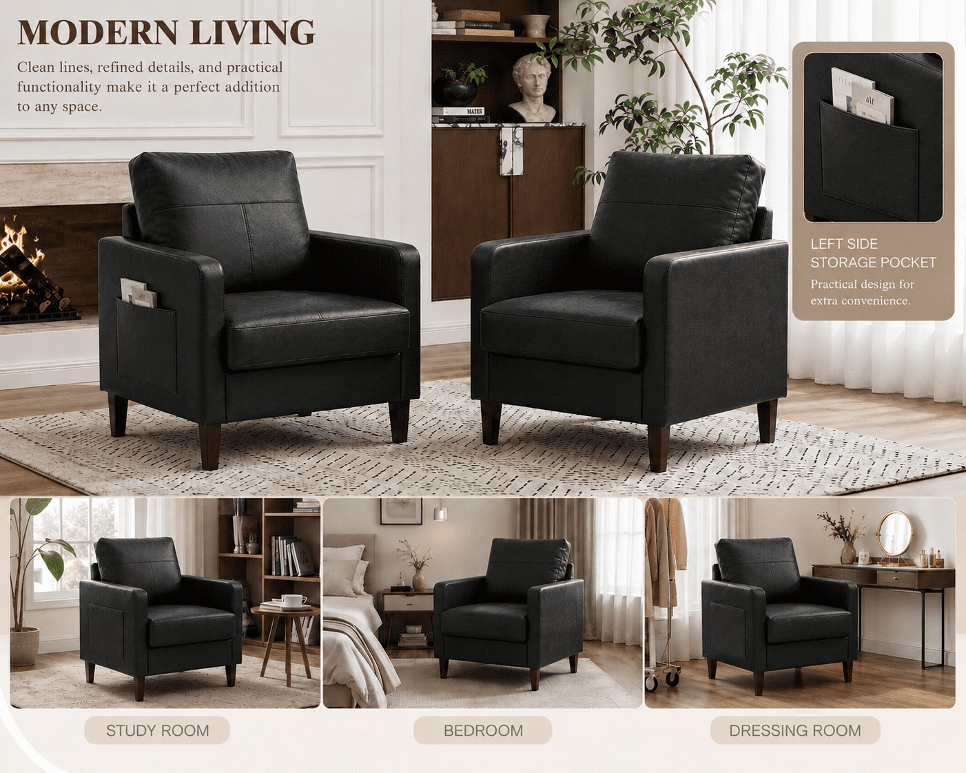MOONMISS Modern Accent Chair Set of 2,PU Leather Single Sofa with Wood Legs,Reading Armchair for Living Room,Bedroom,Office,Black