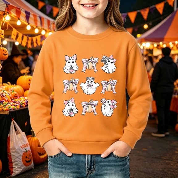 Boys Girls Halloween Cut Print Pullover Kids Casual Loose Fit Crewneck Sweatshirt for Fall Orange,13-14 Years