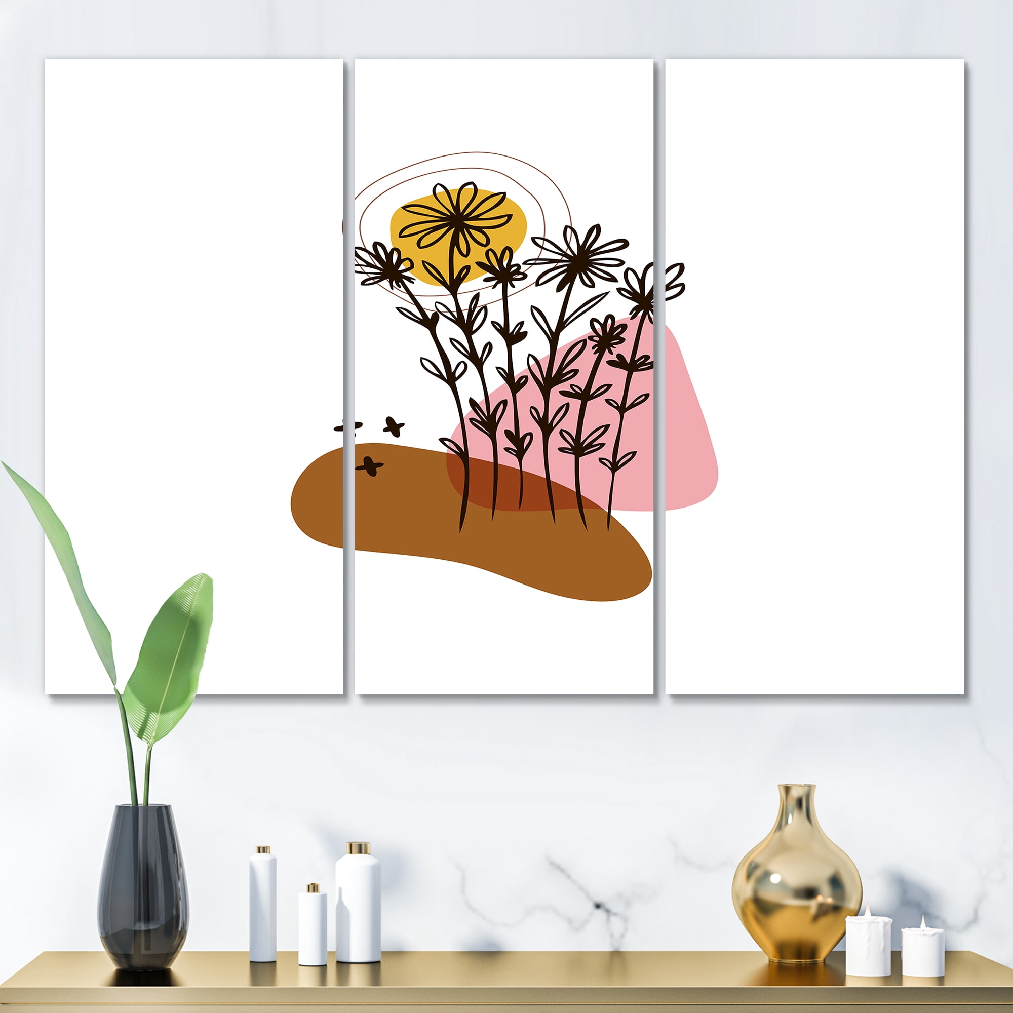 Designart ' Abstract Flowers Plants With Elementary Shapes I ' Modern Canvas Wall Art Print