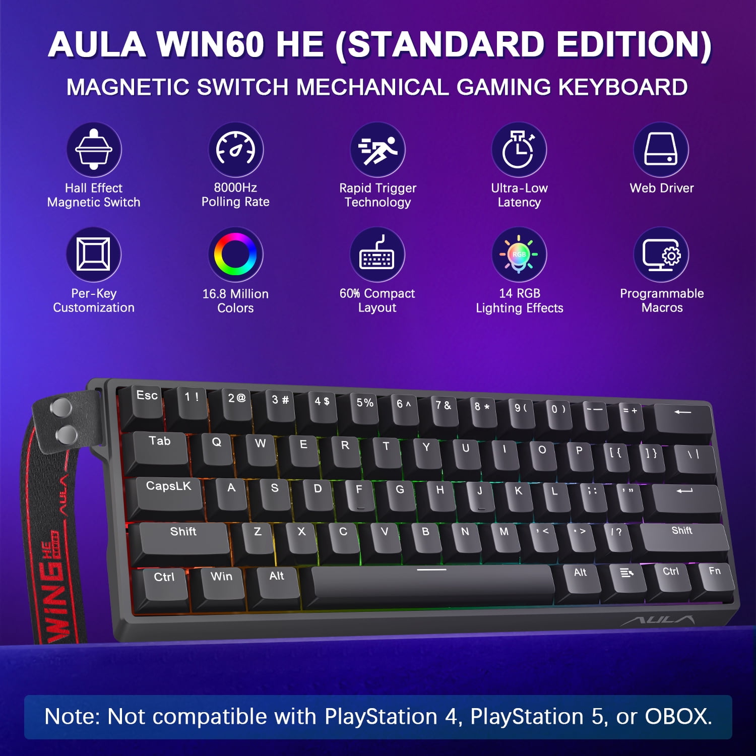 Aula WIN60 HE 60% Mechanical Gaming Keyboard, Magnetic Switch, 8000Hz Polling Rate, Adjustable Actuation Rapid Trigger Mode, RGB Hot Swappable PBT Keyboard Wired, 60 Percent Compact Design for PC