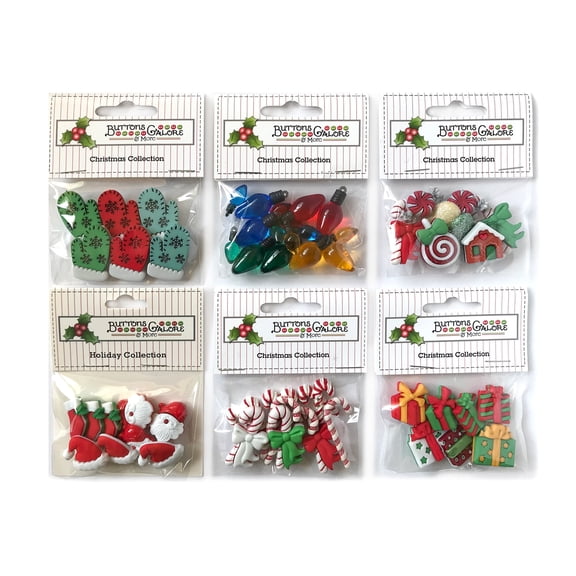 Buttons Galore 50  assorted craft and sewing buttons.  Set of 6 Christmas button packs - Candy Canes, Santa, Lights & More