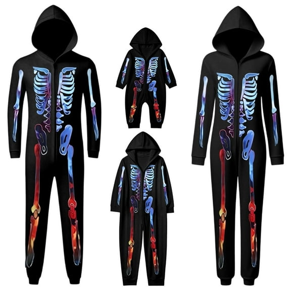 Shadoumai Matching Family Halloween One Piece Pajamas,Funny Colorful Skeleton Print Tops,Holiday Jammies Pjs Sleepwear For Women/Men/Couples,Fall Clothes Sets Pjs