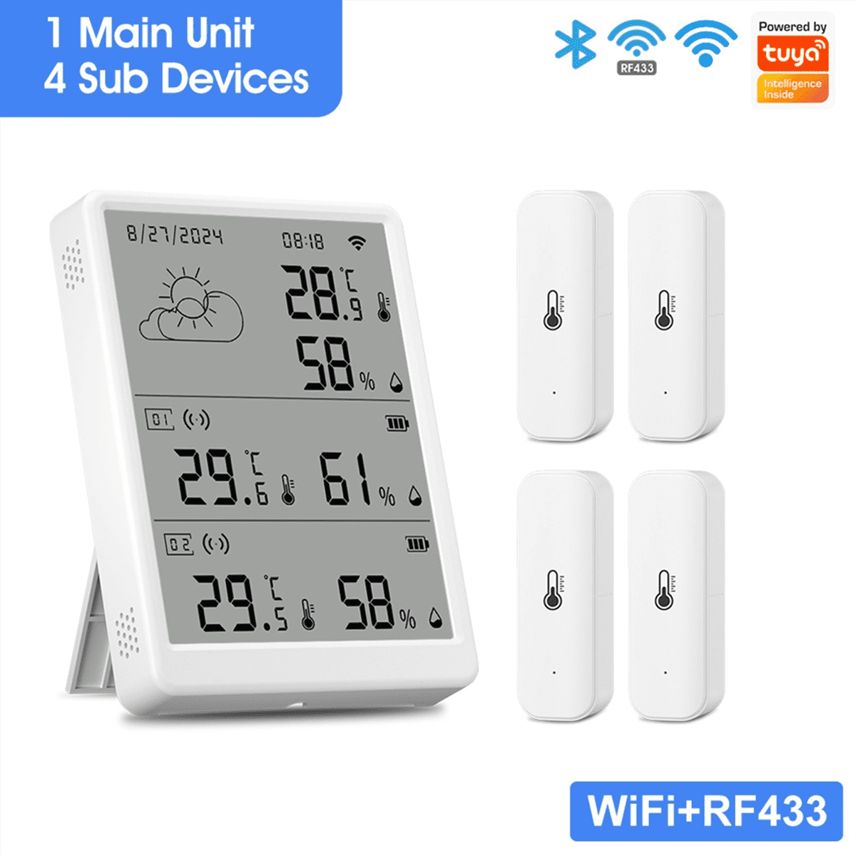Tuya WiFi+RF433 Temperature Humidity Sensor Weather Station Display Monitor Thermometer Hygrometer Support Voice Control