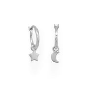 .925 Sterling Silver Moon and Star Charm Hoop Women's Earrings