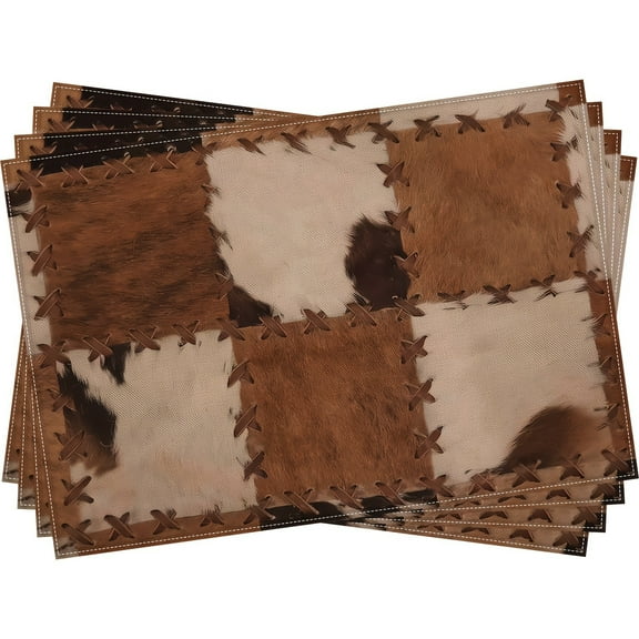 Cowhide Placemats Set of 4 Patchwork Cow Fur Print Linen Washable Placemat Kitchen Dining Heat-Resistant Farm Animal Place Mats Desktop Decor Western Cowboy Table Mats 12x18 Inch
