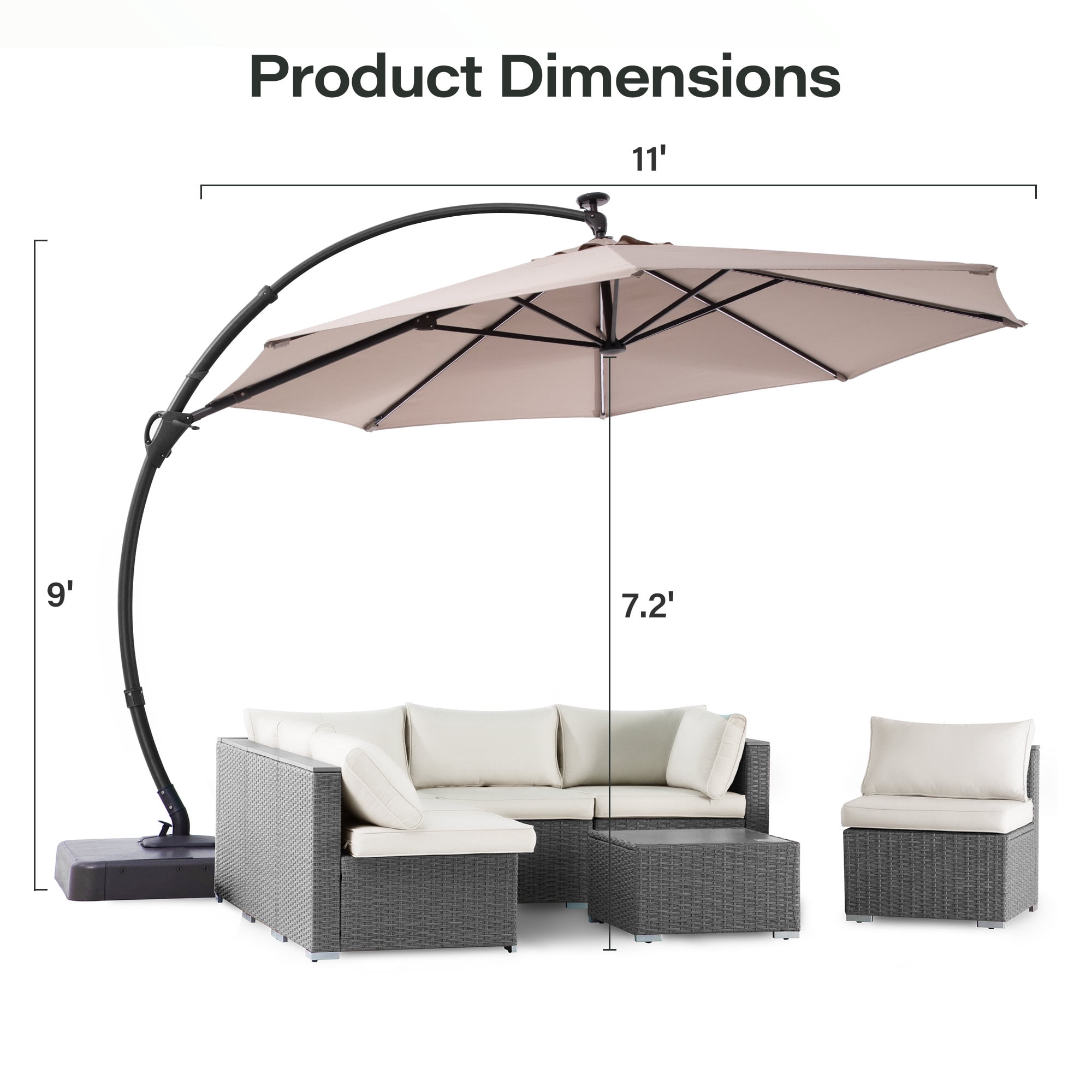 KAMEROUT 11 FT Outdoor Curvy Cantilever Umbrella with Solar LED Lights, Heavy Duty Windproof Offset Patio Umbrellas with 360° Rotation for Market, Pool, Garden, Backyard, Champagne