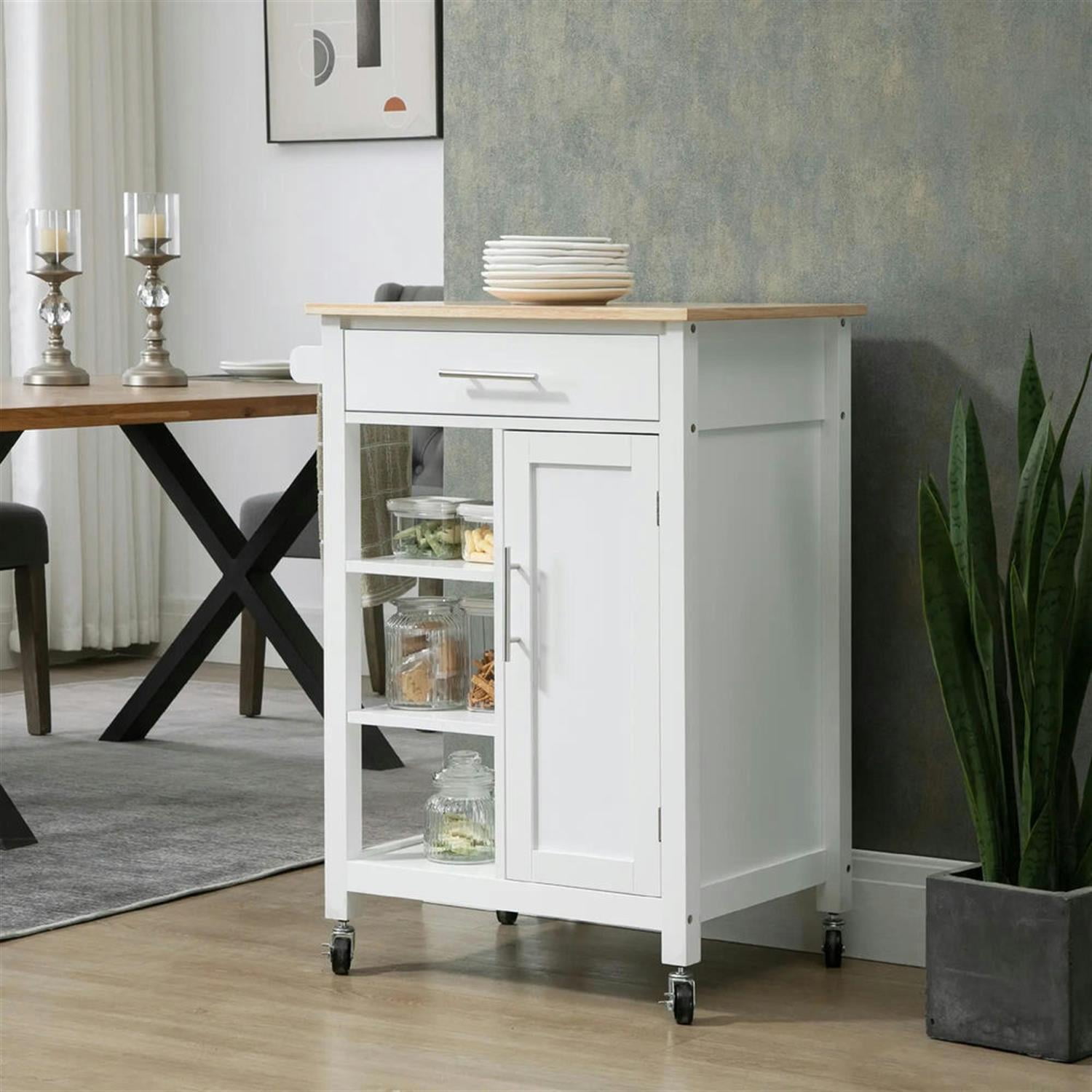 Demi Bonn Kitchen Island Cart on Wheels with Storage, Rolling Dining Room Serving Utility Carts Mobile Movable with Solid Wood Top and Drawer, White