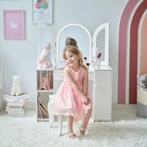 Teamson Kids 2-in-1 Wooden Vanity and Desk with LED Lights, Mirror & Stool – Dual Purpose Play Makeup Vanity and Desk, Pretend Play for Girls Ages 3 