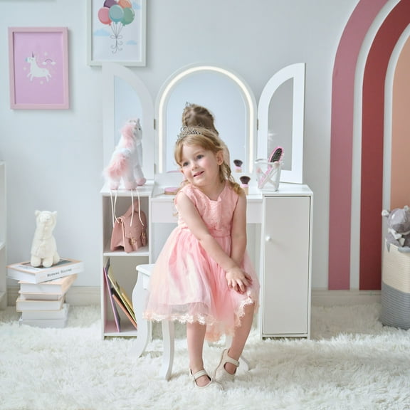 Teamson Kids 2-in-1 Wooden Vanity and Desk with LED Lights, Mirror & Stool – Dual Purpose Play Makeup Vanity and Desk, Pretend Play for Girls Ages 3 