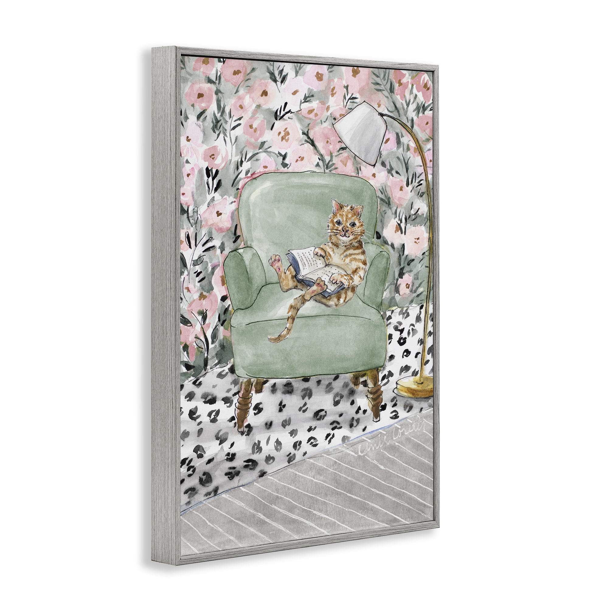 Stupell Industries Cozy Cat Reading Gray Framed Giclee Art, design by Lanie Loreth