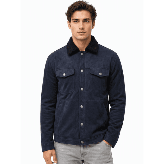 Tbfashion Men's Casual Jacket Navy Button Front Sherpa Collar Long Sleeve Winter Coat