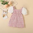 thumbnail image 6 of YWDJ Girls Semi Formal Dress 2-8 Years Old Spring And Summer Dresses Bubble Sleeve Patchwork Plaid Pearl Small Ball Short Sleeved Dresses Pink 8Y, 6 of 8