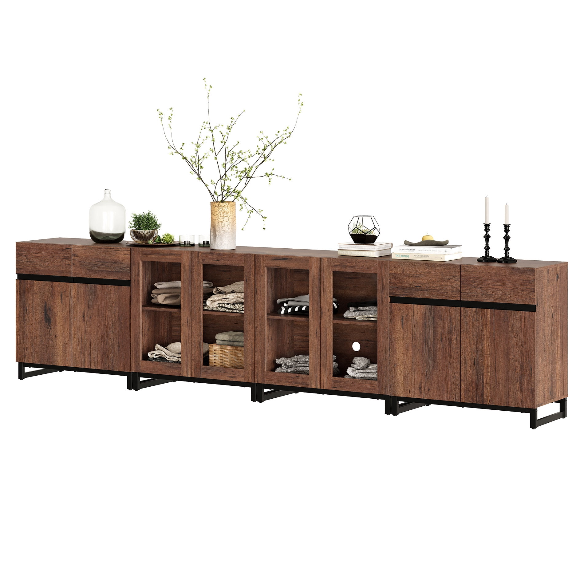 Modern 4-in-1 Storage Chest, Multifunctional Dresser with Glass Doors & Adjustable Shelves, Versatile Closet Organizer Cabinet for Bedroom Living Room,Brown