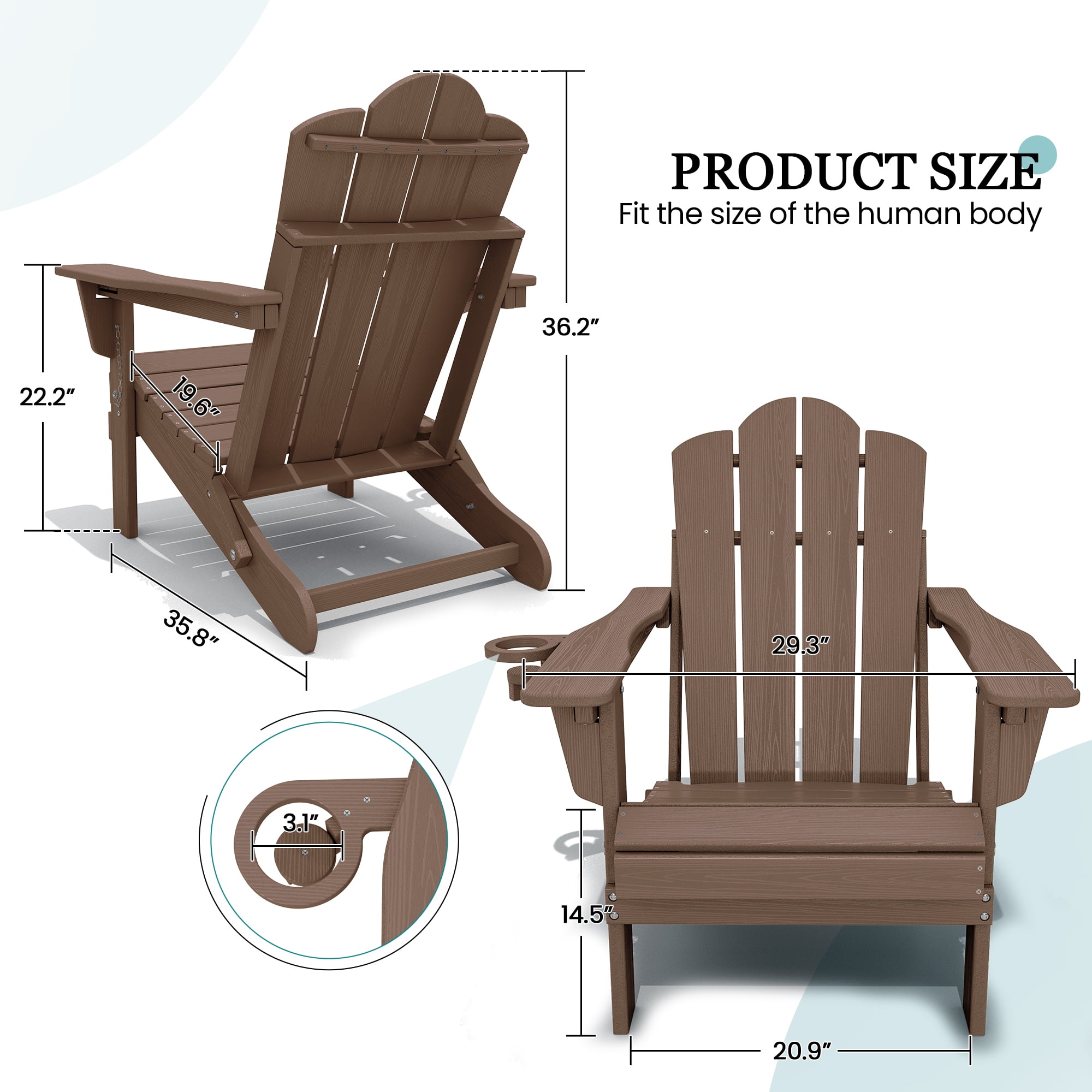 KINGYES Folding Adjustable Adirondack Chairs Set of 4, All Weather Use Reclining Adirondack Chair, HDPE Adirondack Outdoor Chair - Brown