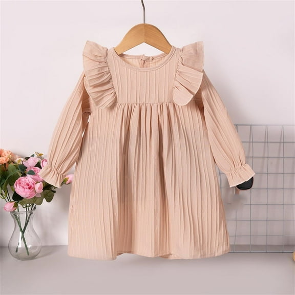 HOMADLES Little Girls Long Sleeved Dresses Crewneck Solid Layering Kid Girls Dresses Casual Soft Clothing Princess Dress Khaki 0 T