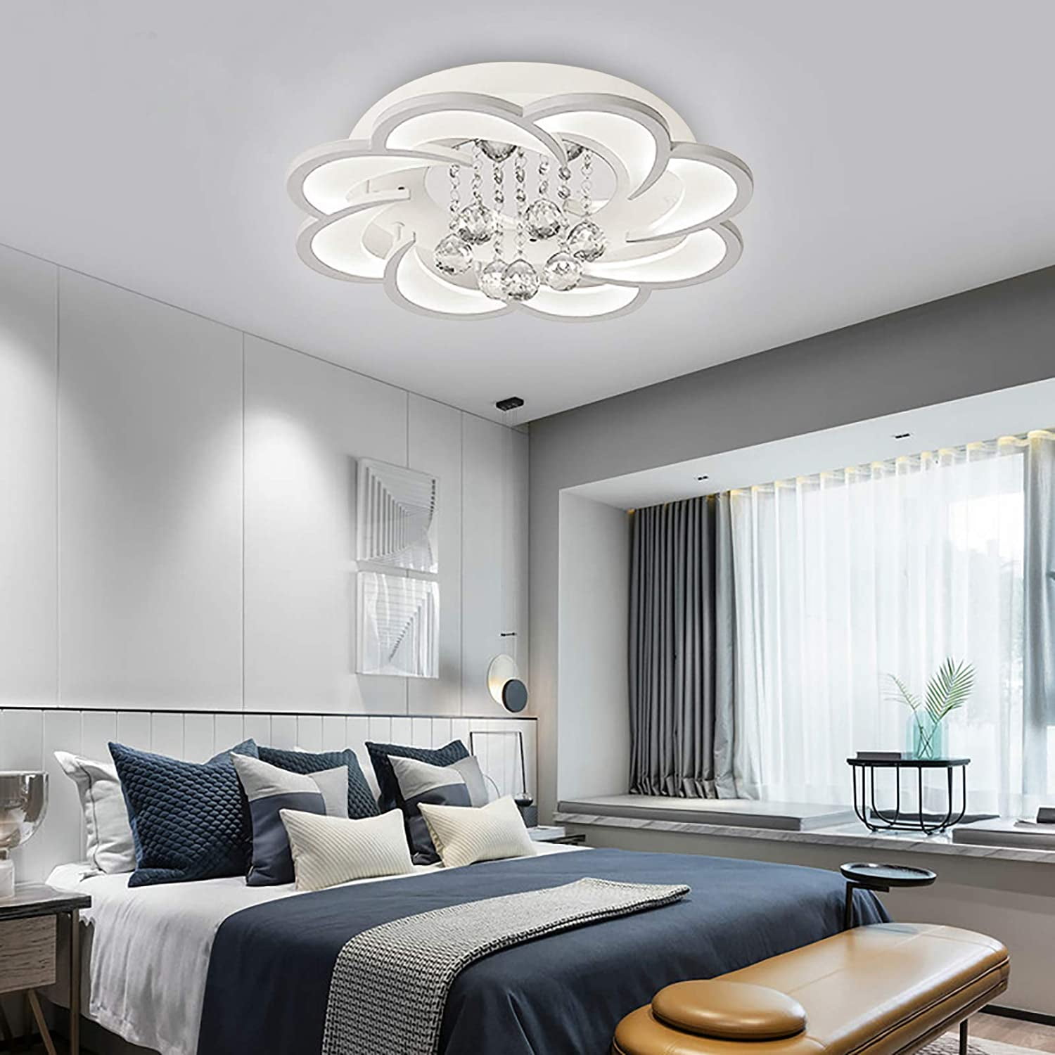 Modern LED Chandelier Fixture Acrylic Crystal Flush Mount Ceiling Lighting Flower Shape Close to Ceiling Lights for Living Room Dining Room Bedroom (Cold Light 52cm)