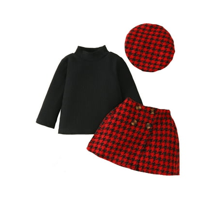 

Co.MMehjri Baby Girl 3Pcs Fall Outfits 6M 9M 12M 18M 2T 3T Infant Clothes Long Sleeve Mock Neck Tops + Houndstooth Skirt + Hat Set Toddler Clothes 6M-3T