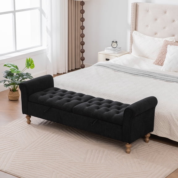 FFZ 65.75 inch Storage Bench with Double Lids, Rolled Armrests and Rubberwood Legs, Black