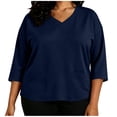thumbnail image 2 of thefmos Women's V Neck 3/4 Sleeve Pullover Blouse with Pocket Plus Size Solid Color Casual Top Trendy Fall Spring Outfit, Navy 3XL, 2 of 7