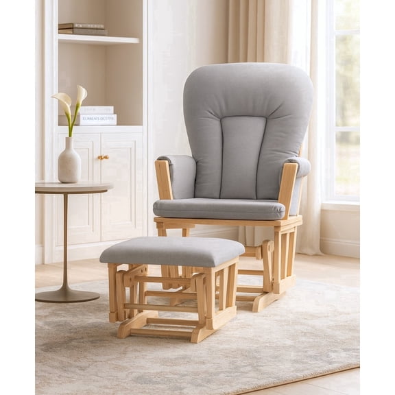Suite Bebe Contempo Wooden Nursery Rocking Chair with Ottoman, Baby Nursing Glider Rocker, Natural/Dove Gray