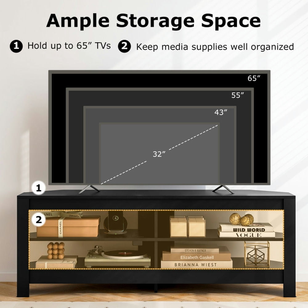 Finihen TV Stand, Entertainment Center, Corner TV Stand with Power Outlet and 4 Open Storage Shelves, for Living Room, Black