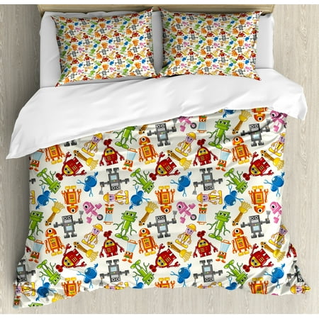 Kids Duvet Cover Set Colorful Cartoon Robots For Boys Nursery