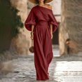 thumbnail image 2 of Szluipve 2 Piece Sets for Women Off‑Shoulder 2 Piece Outfits Puff Long Sleeve Slanted Shoulder Top & High Waist Pleated Wide Leg Pants Casual Vacation Matching Set Wine 2XL, 2 of 9