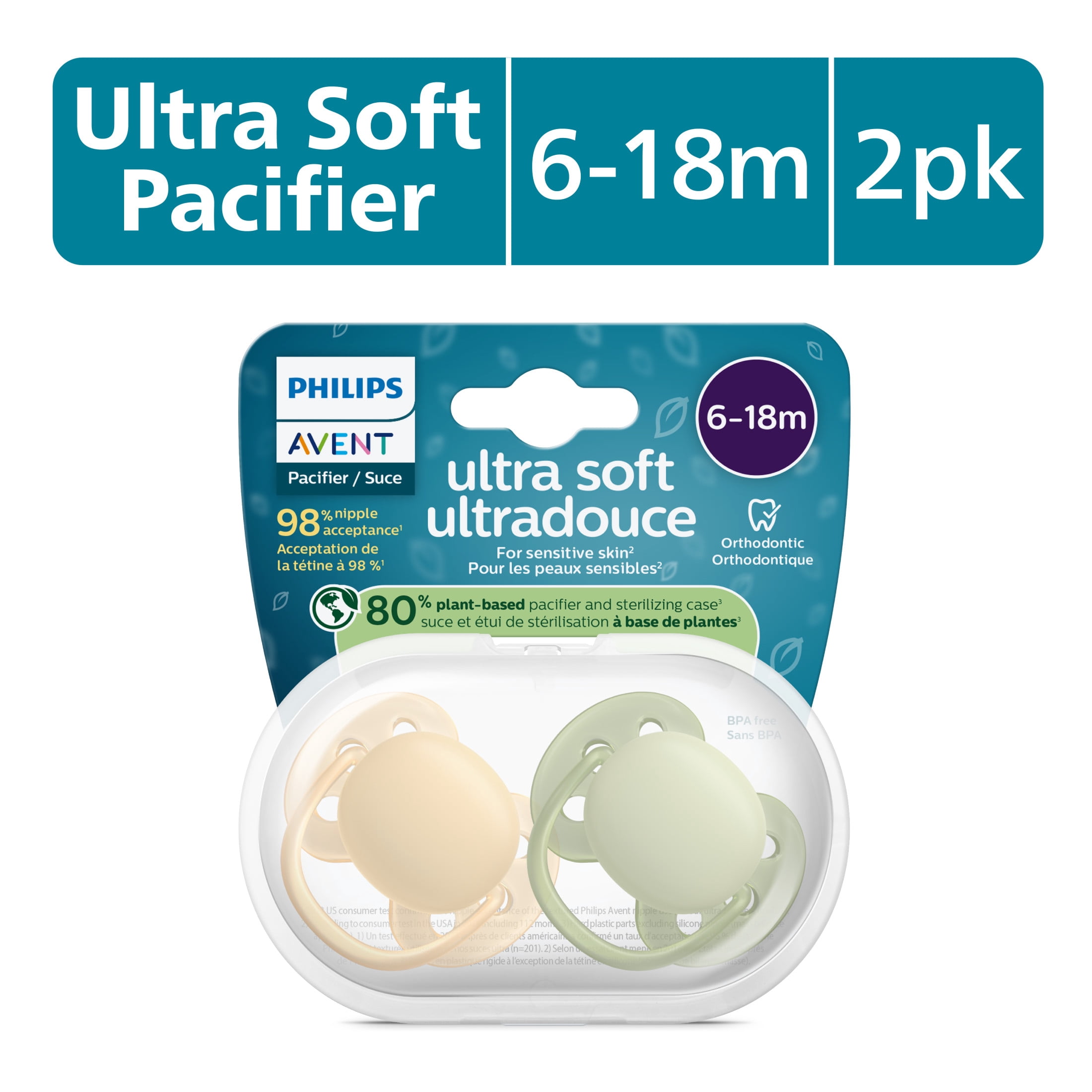 (4 pack) Philips Avent Ultra Soft Pacifier 6-18M, Beige / Pastel Warm Green, 2 Pack, SCF091/45