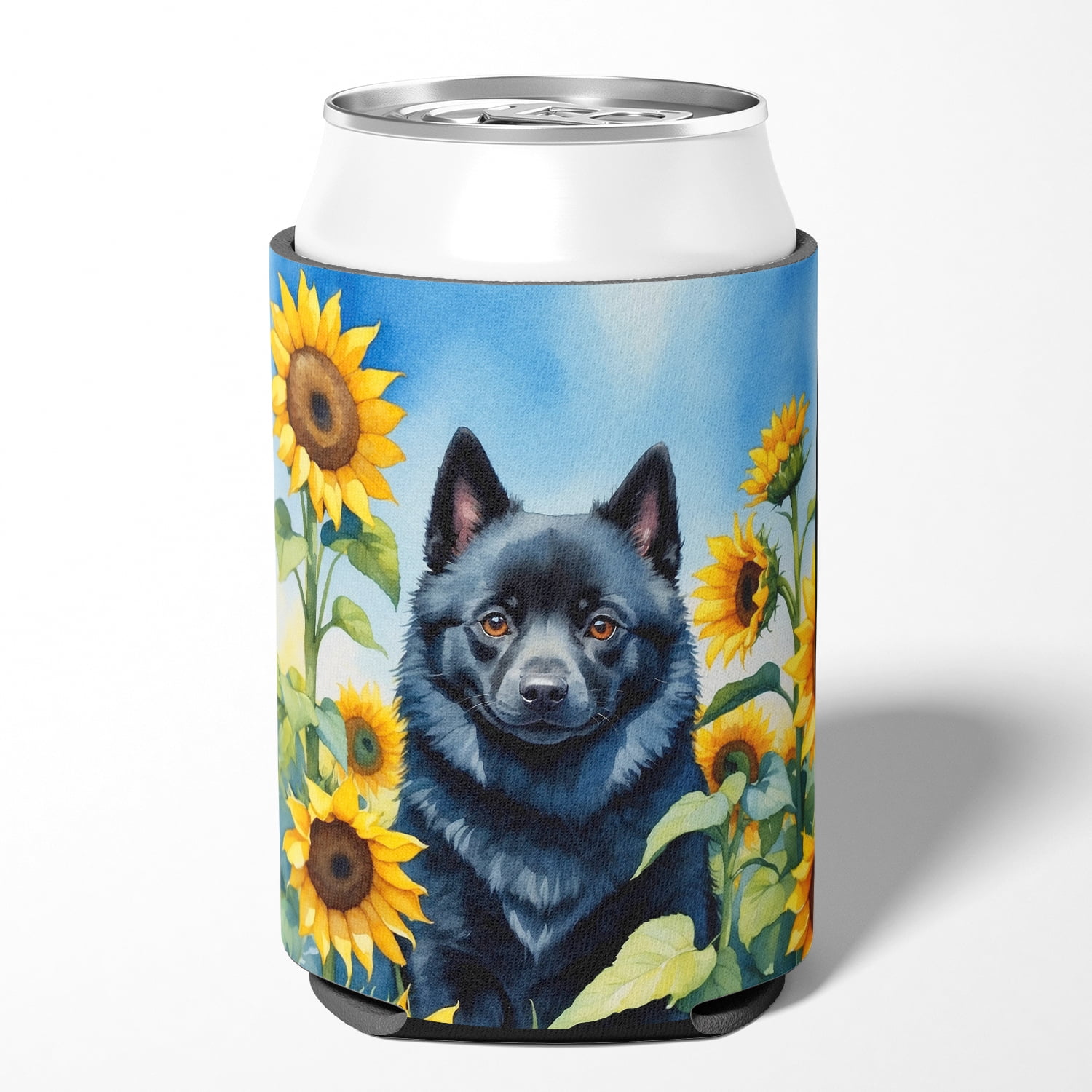 Schipperke in Sunflowers Can or Bottle Hugger 3 in x 5 in