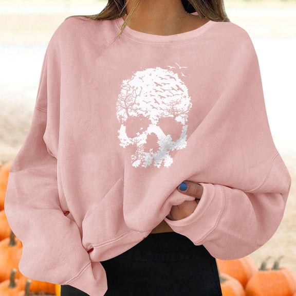 FASHOFT Halloween Sweatshirt for Women Cute Skull Graphic Oversized Hoodie Long Sleeve Crew Neck Sweater Fall Winter Casual Holiday Pullover Tops Pink S
