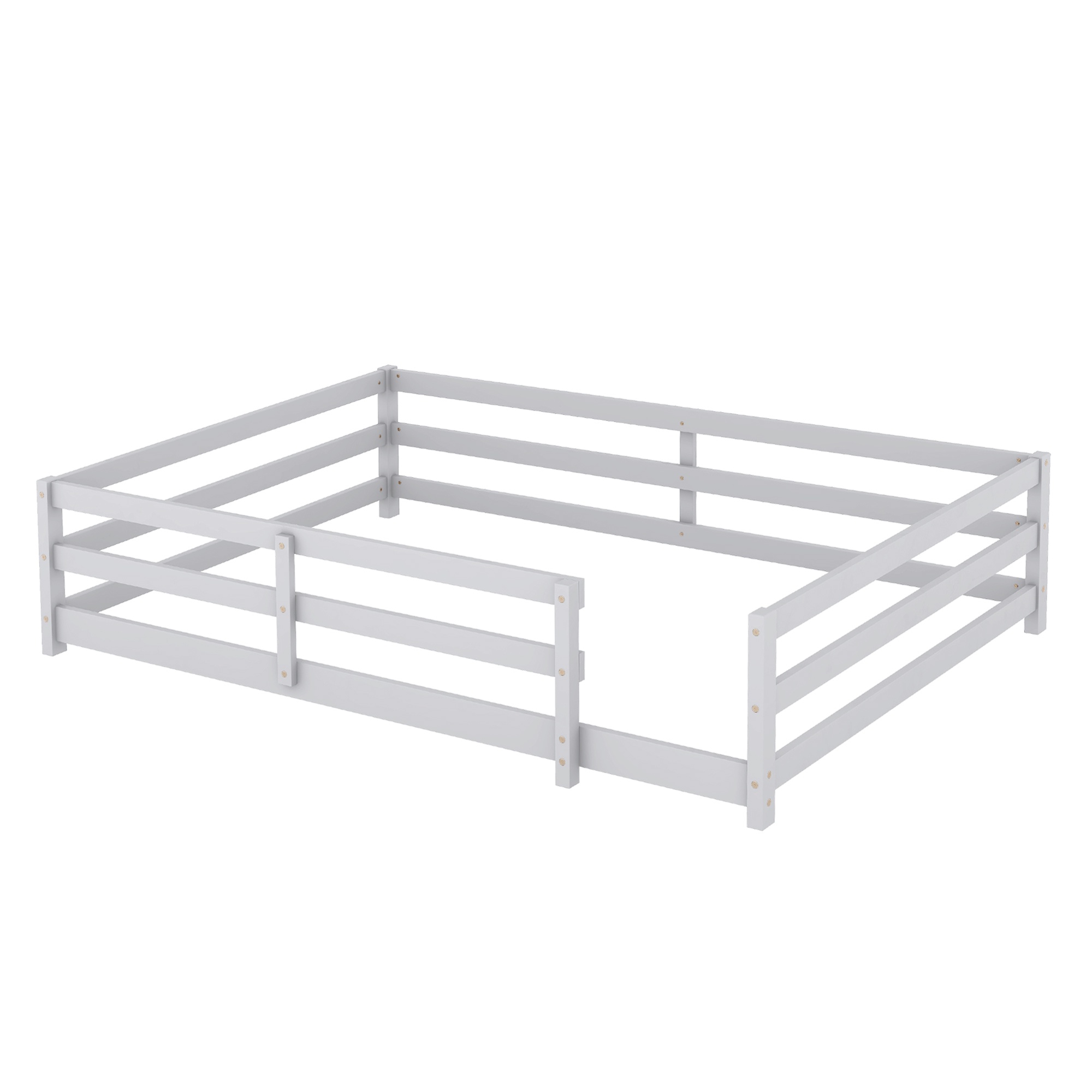 Sesslife Full Size Floor Bed with Door and Fence, Wood Full Floor Platform Bed with Slats, Full Montessori Bed for Boys Girls, No Box Spring Needed, Grey