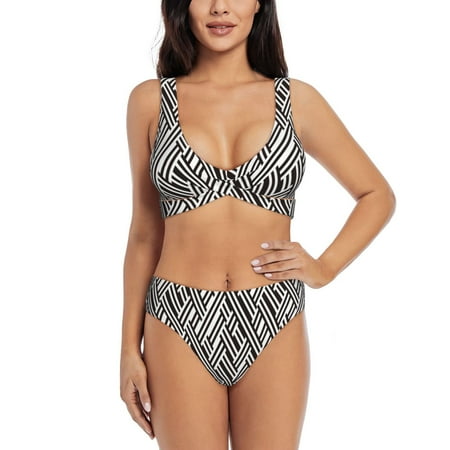 Zeuib Black White Stripes High Waisted Tummy Control Bikini Set - Knot Front Push Up Top & Cheeky Thong Bottom  Two-Piece Swimsuit for Women-Small