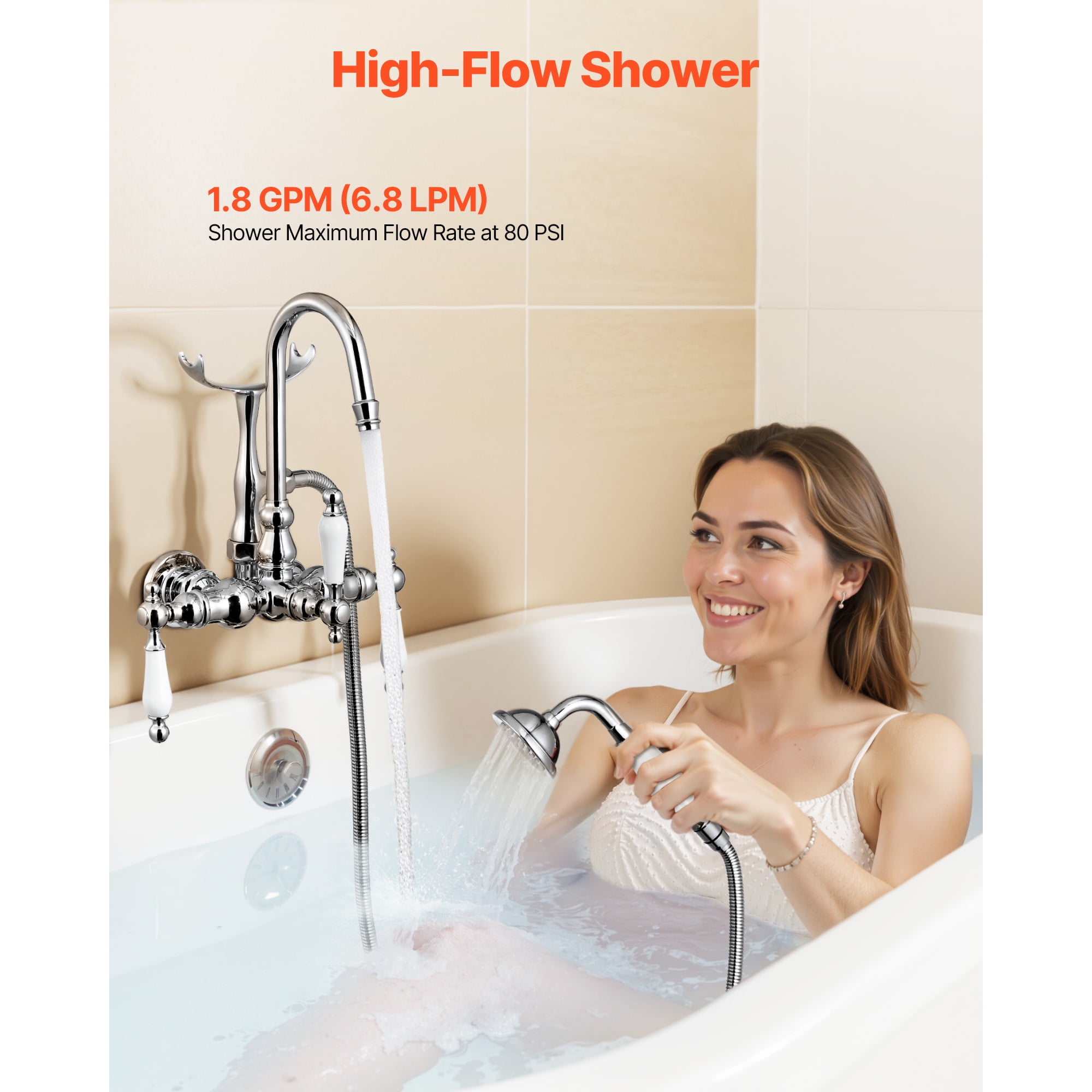 KFFKFF Wall-Mounted Clawfoot Tub Faucet with Handheld Shower, Polished Chrome Finish, Gooseneck Spout, and 59-Inch Hose – Combines Modern and Vintage Styles for Bathtubs