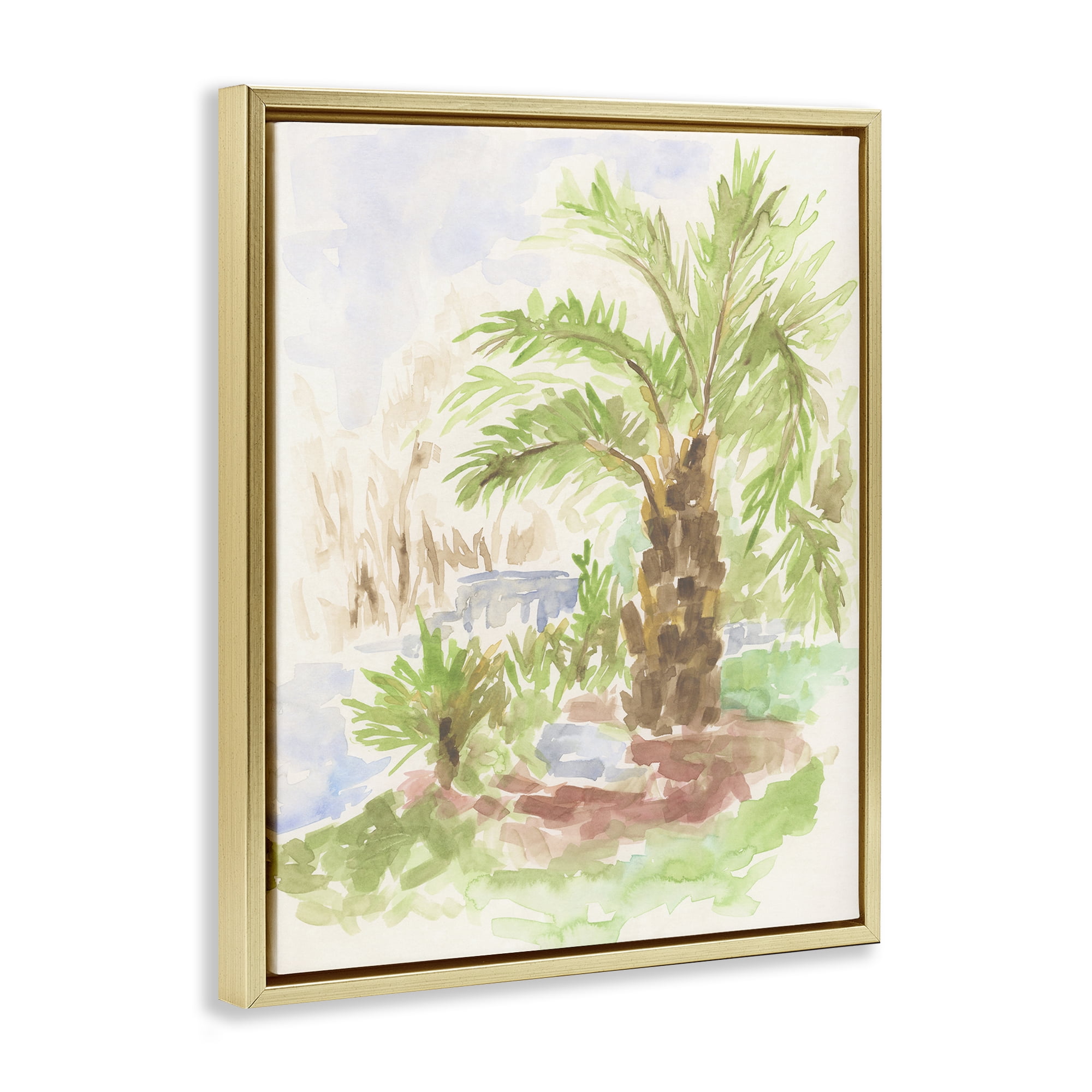 Stupell Industries Palm Tree River's Edge Landscape & Nature Painting Gold Floater Framed Canvas Art Print Wall Art, 17 x 21