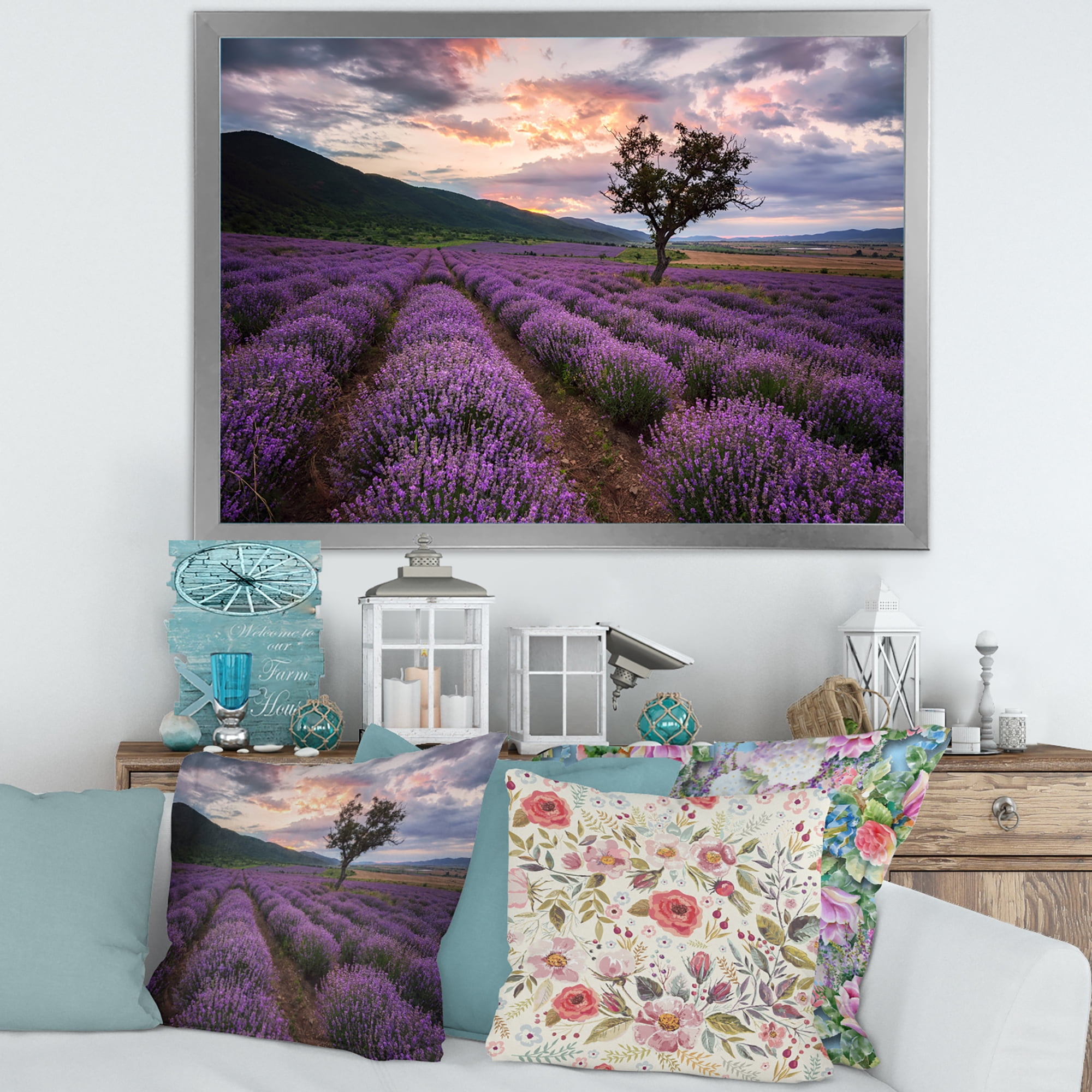 Designart 'Lavender Field At Sunrise III' Farmhouse Framed Art Print