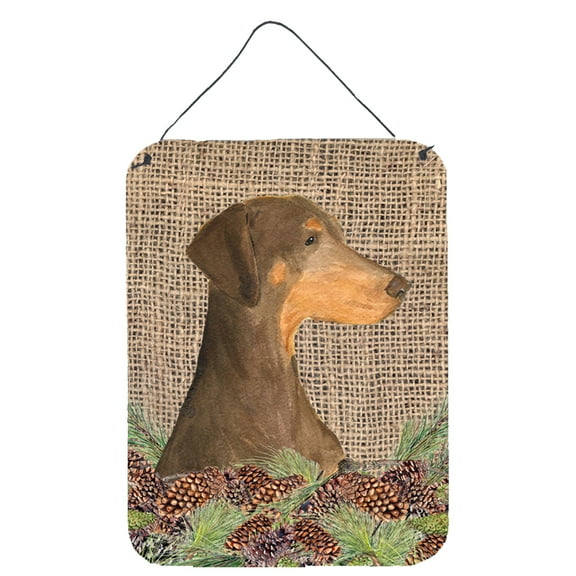 Doberman on Faux Burlap with Pine Cones Wall or Door Hanging Prints