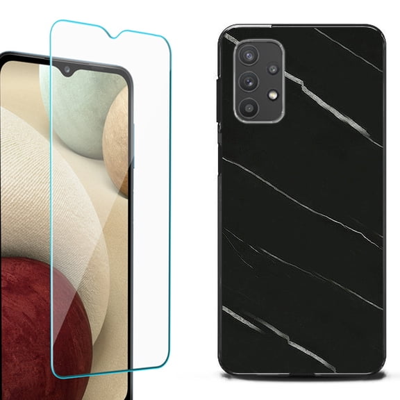 Slim-Fit Flexible TPU Gel Phone Case (black) for Samsung Galaxy A32 5G, with Tempered Glass Screen Protector, by OneToughShield ® - Marble / Black