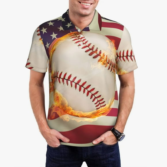 Bingfone Baseball Ball With Flag for Men's Button-down POLO Shirts, Quick-drying Shirts and T-shirts for Summer, Suitable for Vacation and Business-Large