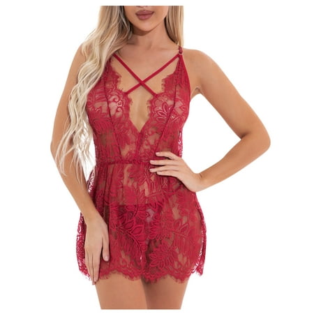 

OVTICZA Valentines Lingerie for Women Lace Chemise Babydoll Nightgown Criss Cross Deep V Neck Spaghetti Strap Nightdress Wine 2XL