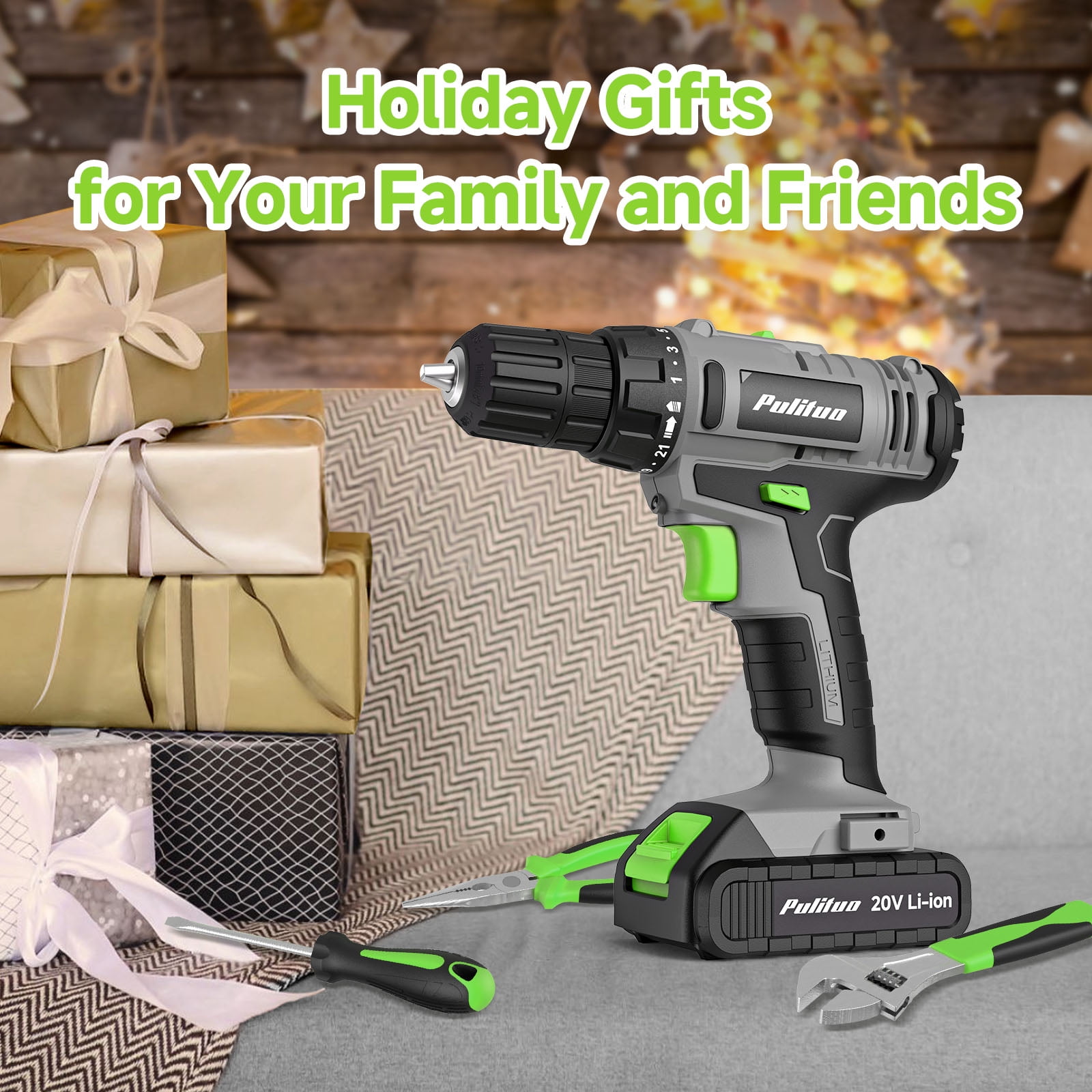 Pulituo 20V Cordless Drill Driver Kit, Home Tool Set with 20V Lithium-Ion Drill, 2pcs Battery, 120PCS All-Purpose Kit, 21+1 Torque, 2-Speed, DIY & Home RepairsGreen