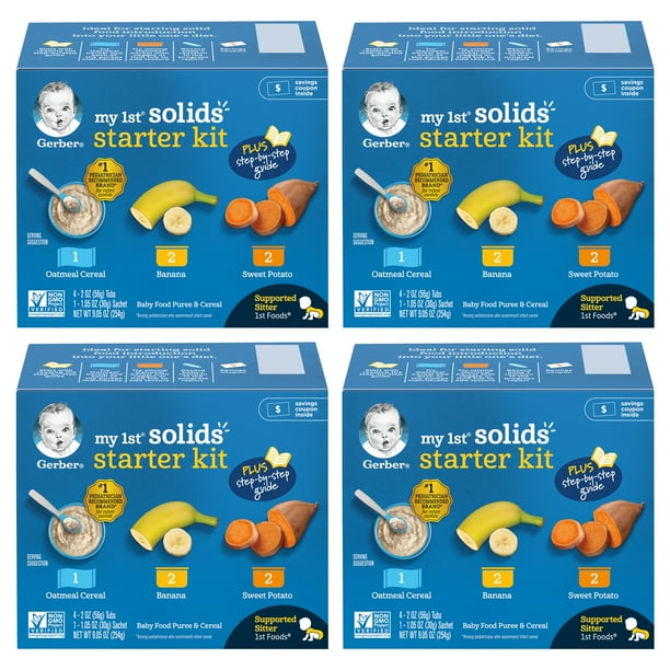 Gerber My First Solids Starter Kit Non-GMO 1st Foods Baby Food, Variety Pack, 9.05 oz Box, 30 Count, 4 Pack