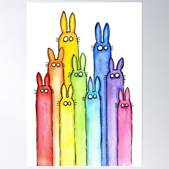 Rainbow Of Bunny Rabbits Watercolor Poster Wall Art, Modern Wall Decor For Living Room Bedroom, 16x24 UNFRAMED