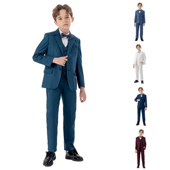 RMGVDSD Boys Suits 4 Piece Outfit Formal Slim Fit Tuxedo Set for Kids Suit Coat with Vest Pants Bowtie Set Holiday Birthday Party Wear Cute Party Wear