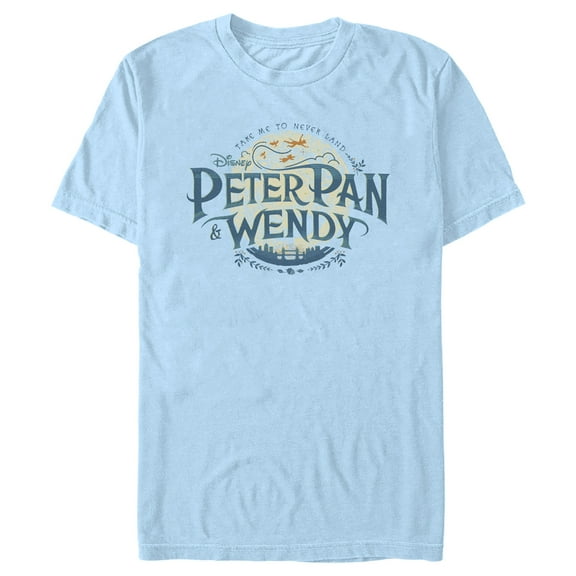 Men's Peter Pan & Wendy Take Me to Never Land Distressed Logo Graphic Tee Light Blue 2X Large